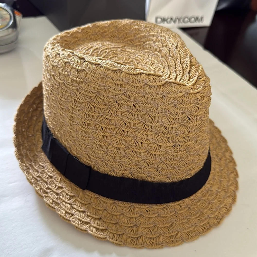 APT 9 Womens Woven Straw Fedora Hat Tan With Black Band Summer Like New